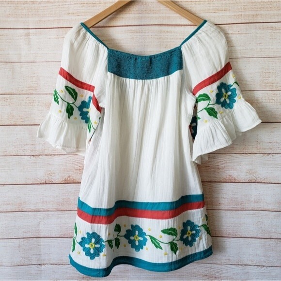 Anthropologie Seen Worn Kept 100% Cotton Embroidered Ruffle Sleeve Tunic/Top - Picture 10 of 15